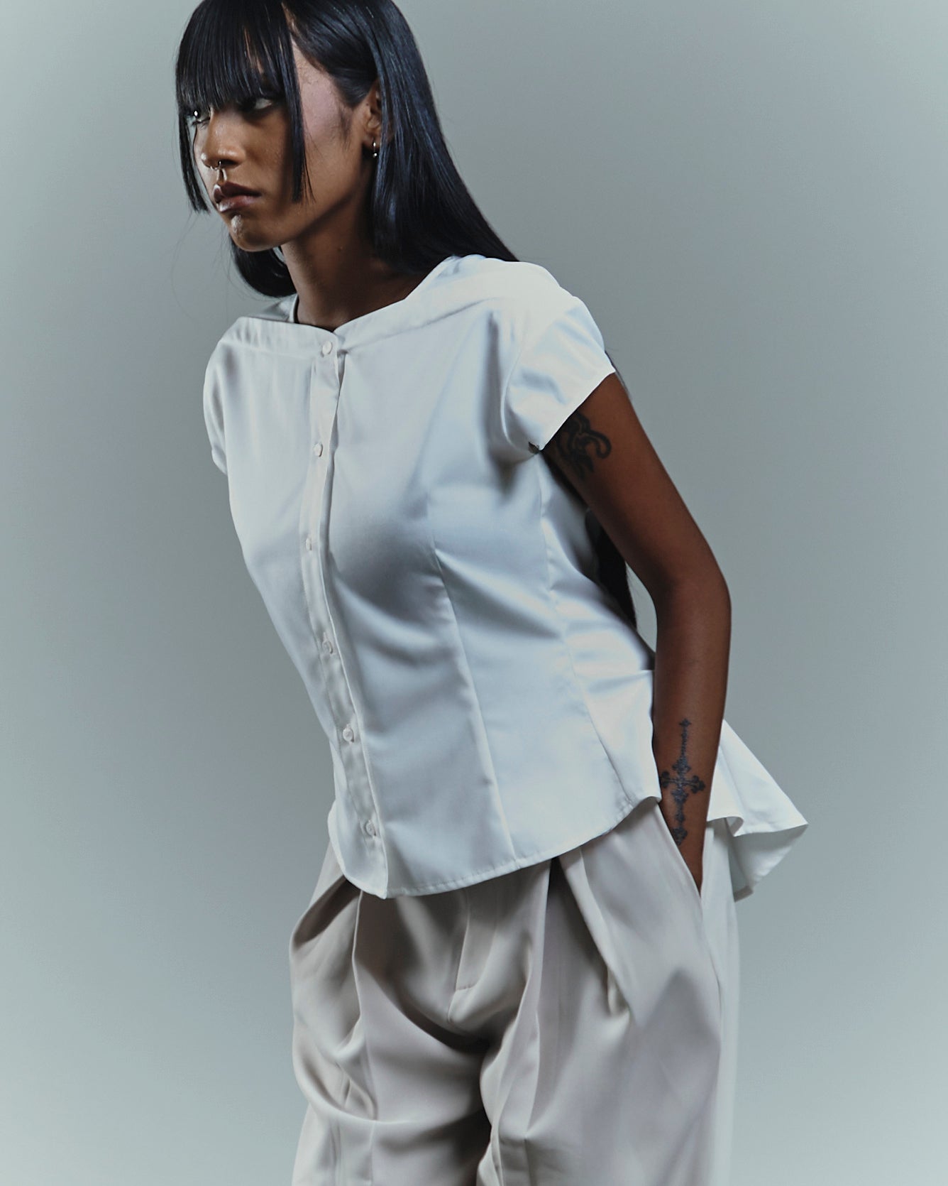 Cap Sleeve Blouse with Flare Back