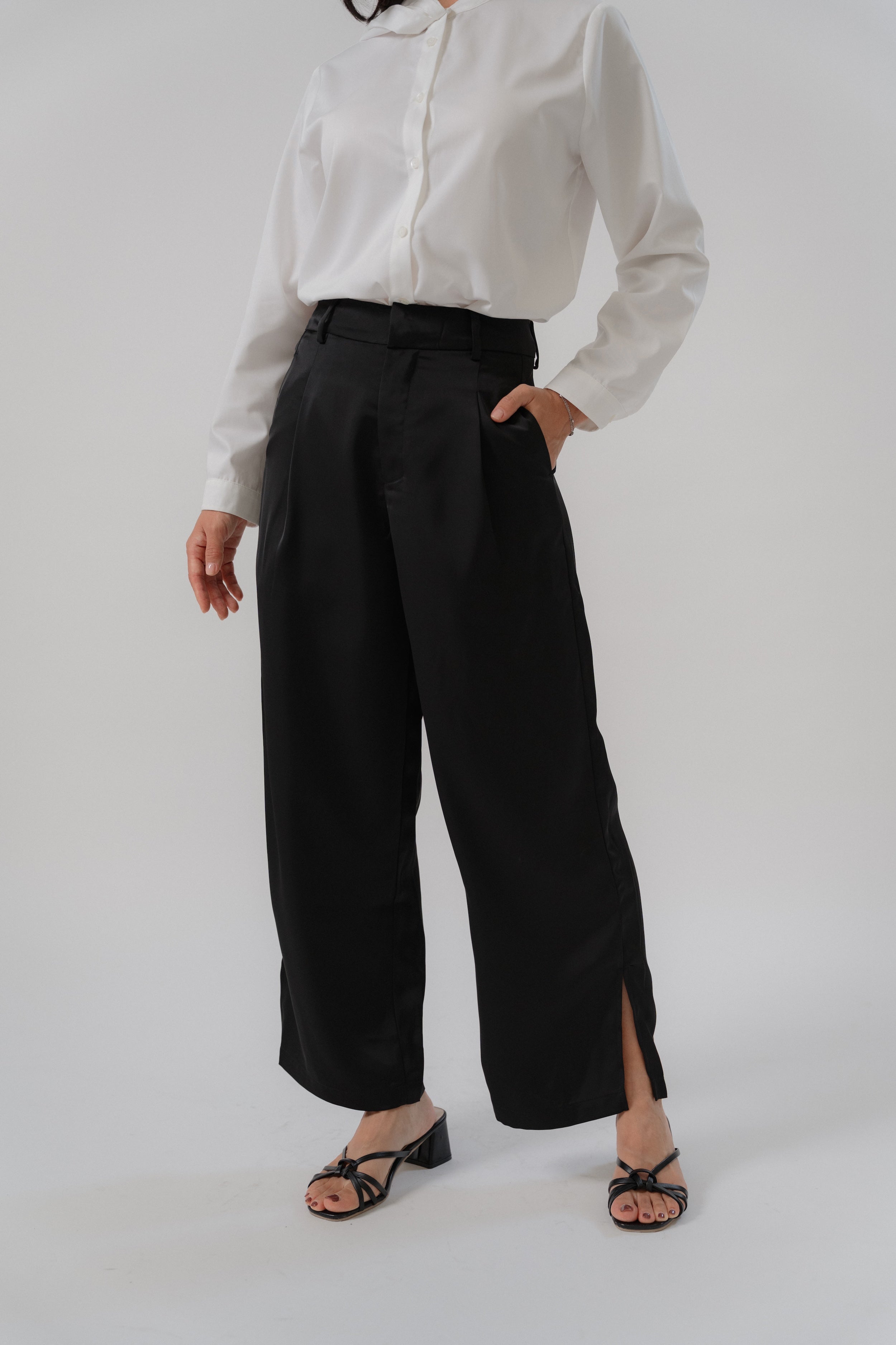 Satin Straight Pants with Side Slit