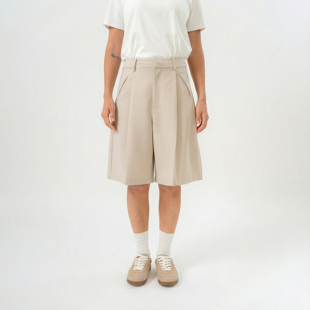 women beige bermuda pants with front pleats and pocket