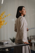 beige tailored blazer with modern silhouette, design for office and city wear