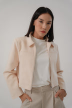 beige biker jacket with regular, modern fit, design for casual city wear