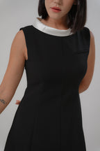 black maxi dress design with white elegant boat neckline 