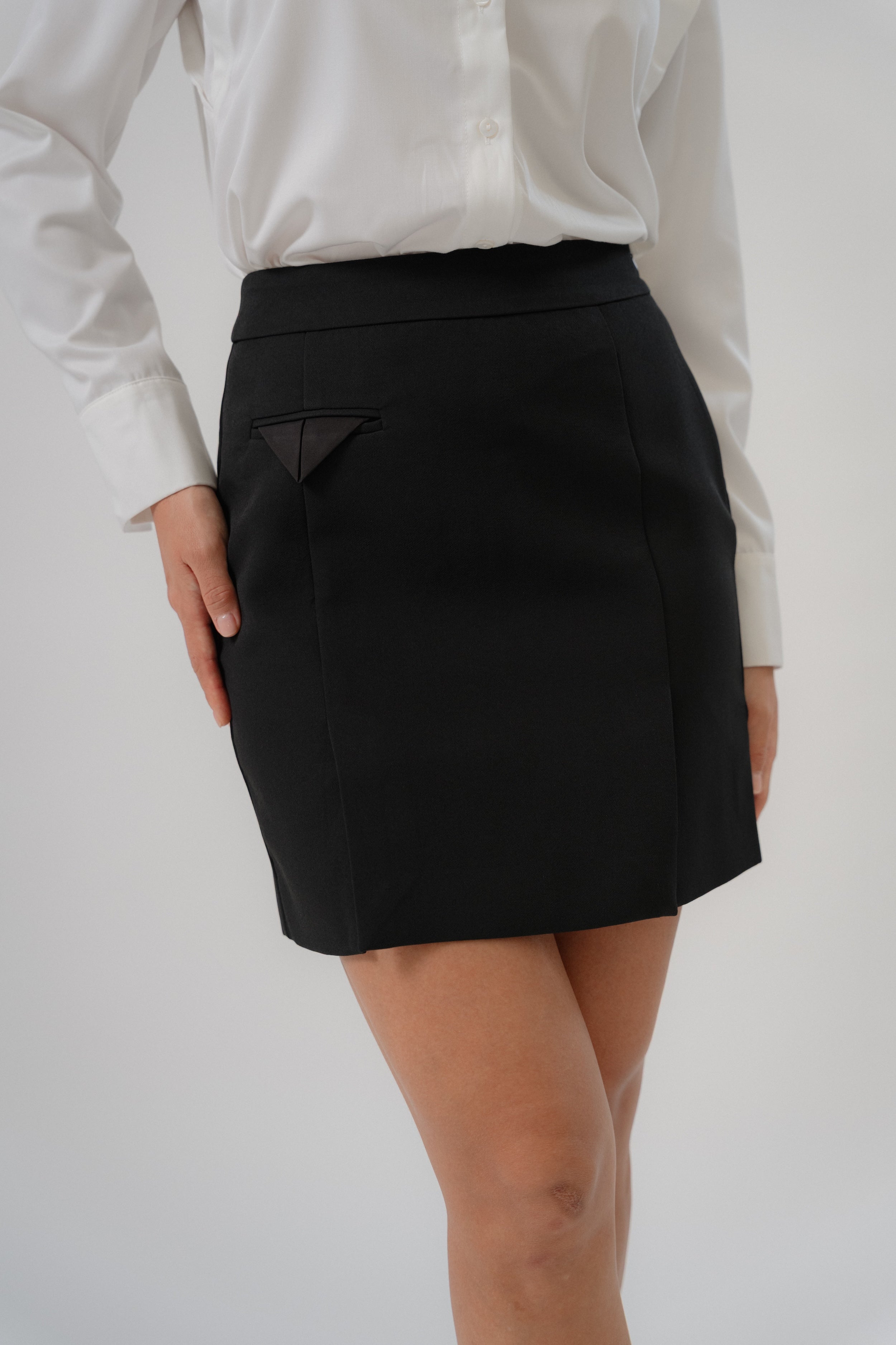 black mini pencil skirt with modern silhouette, fit style, design for women office and city wear