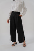 black satin pants with side slits, straight cut, design for office wears