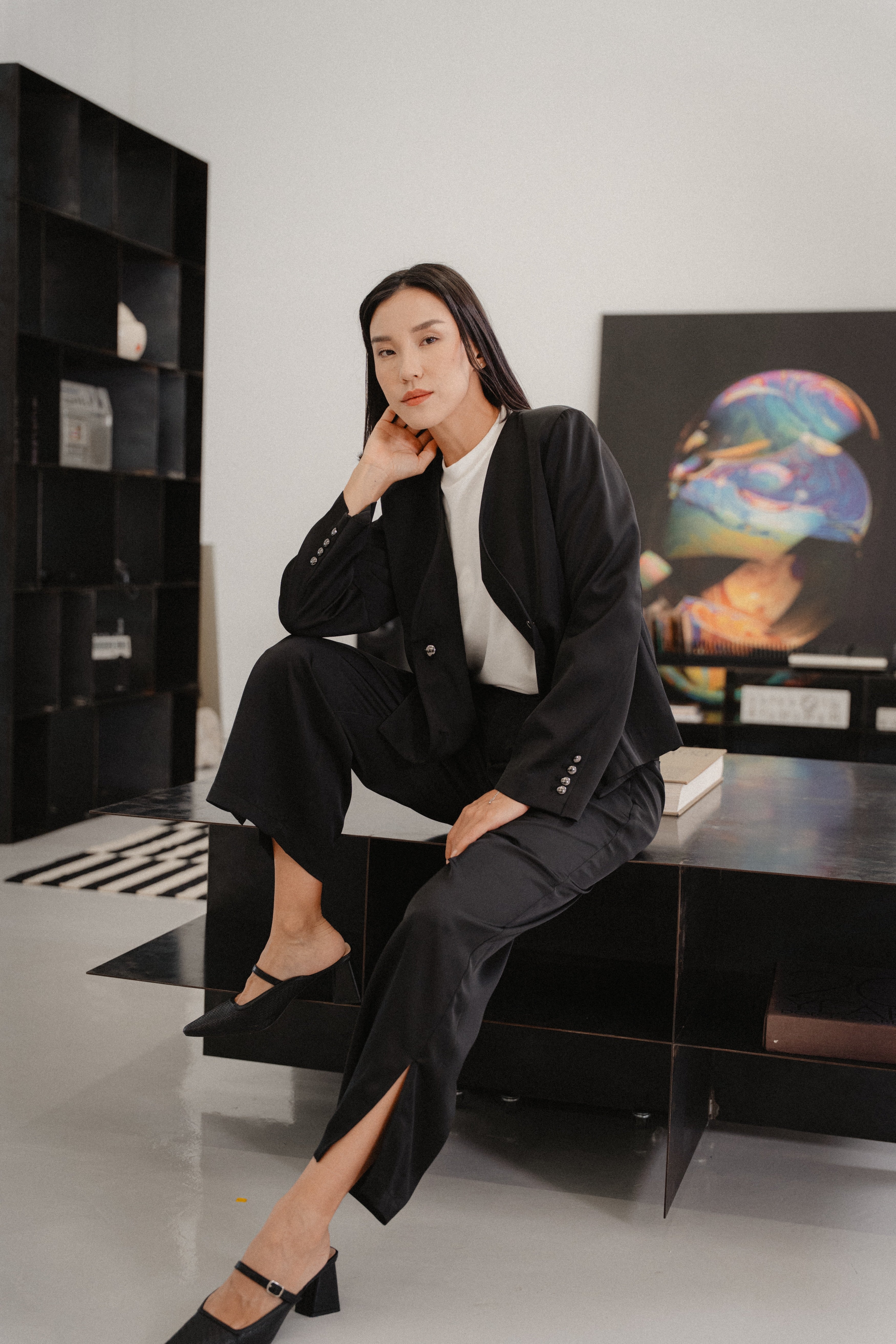 tailored blazer and black satin pants with modern slihouette, design for office and city wear