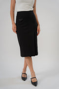 black straight slim skirt with wide waistband, large pleat, pocket square details, design for office and city wear.