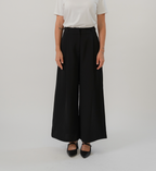 Black wide leg pants with wide leg cut, single front pleat, metal buckle straps, design for office and daily wear.